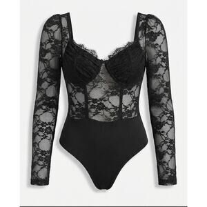 Forever 21 Black Lace Bodysuit NWT - Sheer Long Sleeve Sexy Top